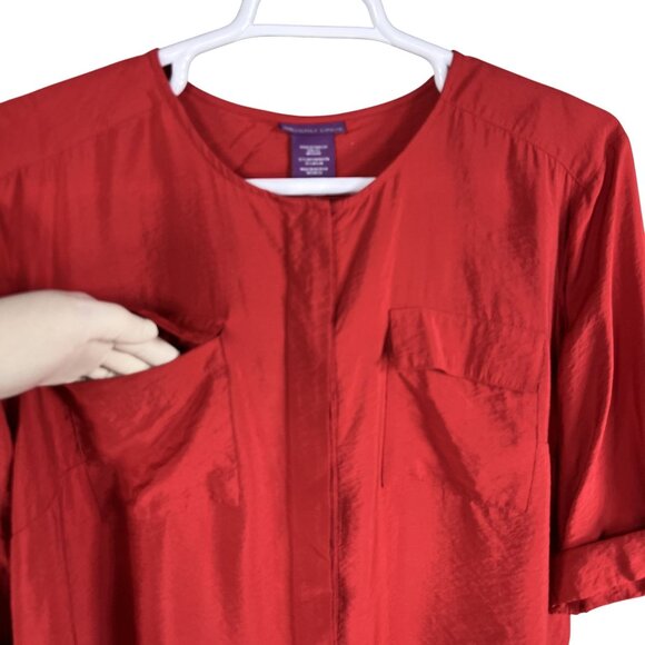 Beverly Drive NWT Womens 2X Holiday Red Silky Blouse 3/4 Tab Sleeve Pockets - Picture 6 of 14